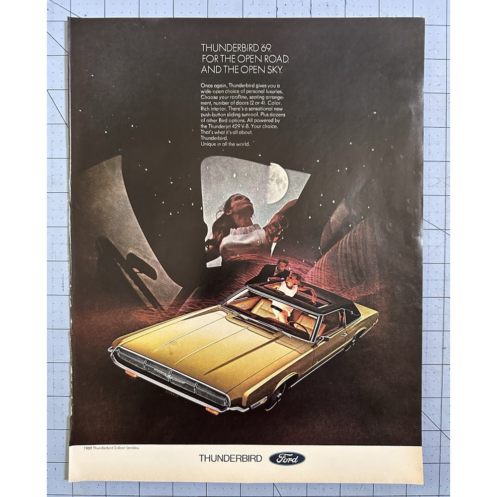 1969 Ford Thunderbird 2 Door Landau Vintage Print Ad Moonroof Open Sky